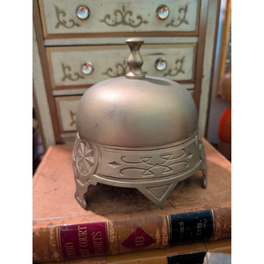Large Vintage Brass Hotel Desk Bell Ornate Embossed Victorian Reception 6in
